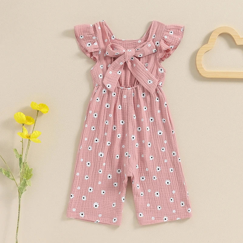 Salopette d'été en coton pour filles, vêtements pour enfants, imprimé floral, dos nu, nœud papillon, combinaisons, vêtements pour bébés
