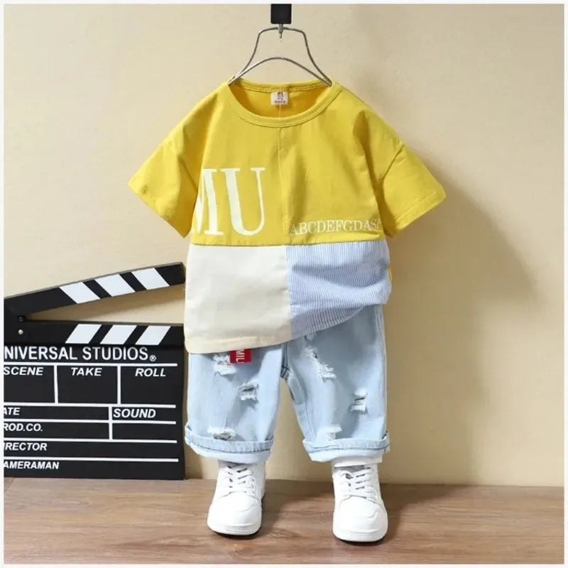T-Shirt à Manches Courtes et Pantalon Court en Denim pour Enfant, Vêtements d'Été pour Bébé Garçon de 2 à 7 ans, 2 Pièces