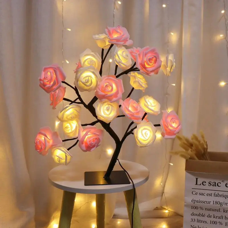 24 LED Rose arbre lumières USB prise lampe de Table fée fleur veilleuse pour la maison fête noël mariage chambre décoration cadeau