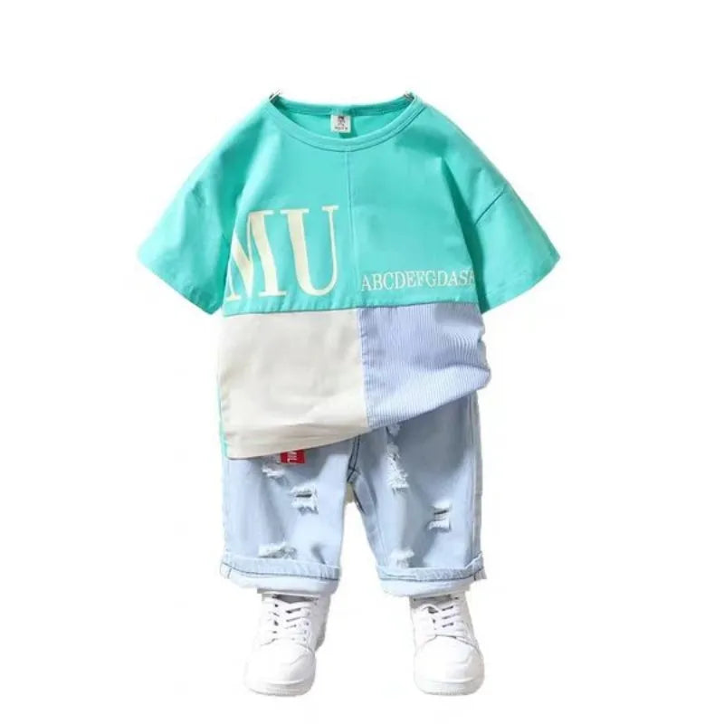 T-Shirt à Manches Courtes et Pantalon Court en Denim pour Enfant, Vêtements d'Été pour Bébé Garçon de 2 à 7 ans, 2 Pièces