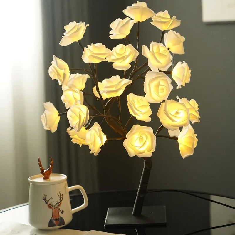 24LED lampe de Table Rose fleur arbre USB veilleuses décoration de noël cadeau pour chambre d'enfants Rose fleur éclairage décoration de la maison