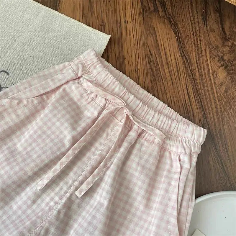 Ensembles de vêtements pour enfants, haut à manches courtes avec nœud + pantalon à jambes larges à carreaux, ensemble de 2 pièces, vêtements pour enfants en bas âge