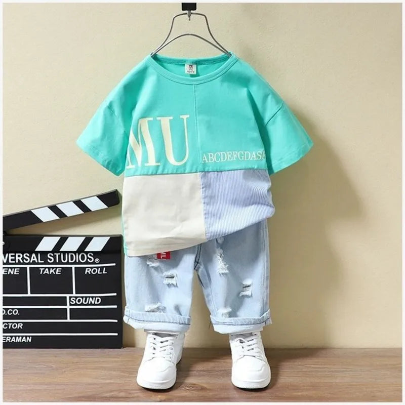 T-Shirt à Manches Courtes et Pantalon Court en Denim pour Enfant, Vêtements d'Été pour Bébé Garçon de 2 à 7 ans, 2 Pièces