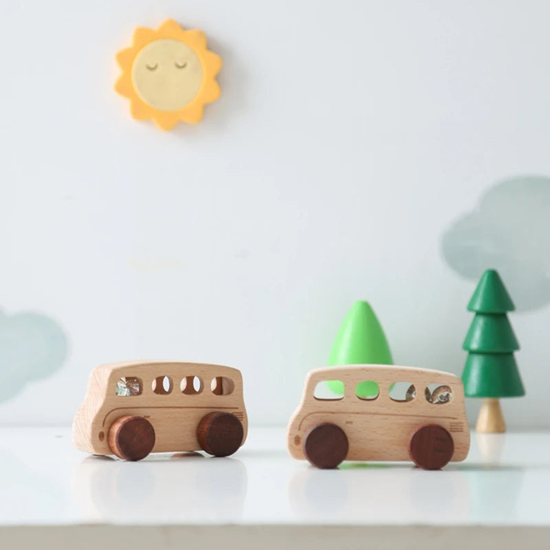 Jouets Bois Bébé Montessori - Voitures Bus Cartoon Sans BPA