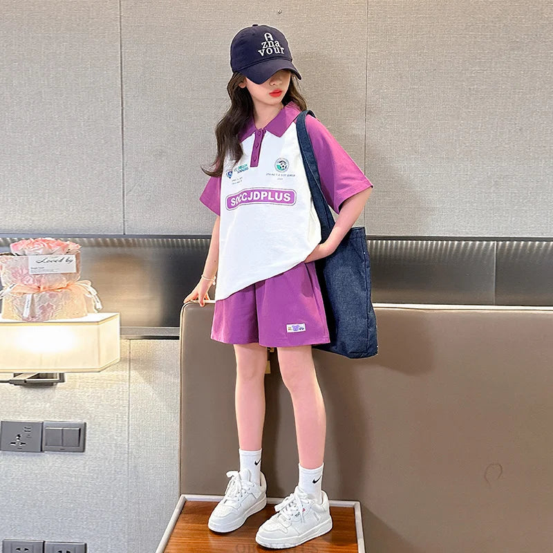 Children Summer Clothes Set For Girls Short Sleeve Polo Shirts + Shorts 2PCS Casual Outfit for Kids Teenager Cotton Clothing Set
