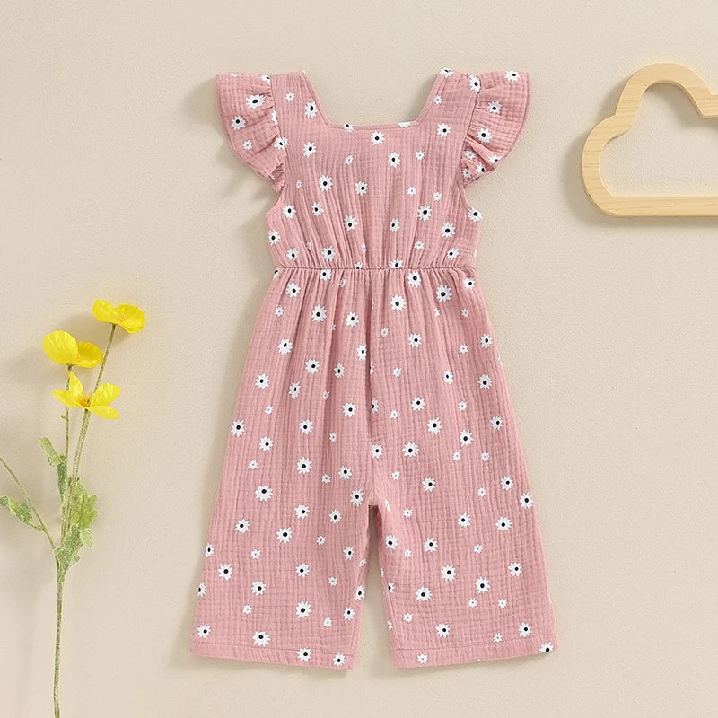Salopette d'été en coton pour filles, vêtements pour enfants, imprimé floral, dos nu, nœud papillon, combinaisons, vêtements pour bébés