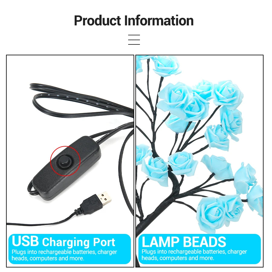 LED Rose arbre lampe de bureau alimenté par USB fleur artificielle veilleuse chambre salon fête mariage saint valentin décoration