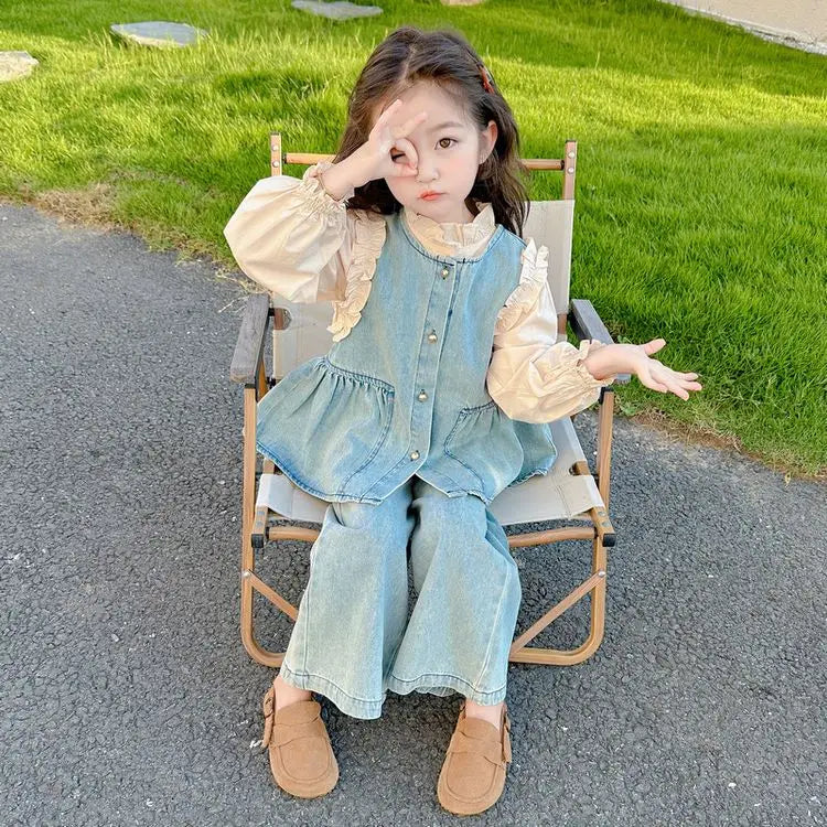 Ensembles de vêtements pour enfants, gilet en Denim pour filles + chemise à manches longues + pantalon à jambes larges, costume trois pièces, vêtements Boutique pour enfants en bas âge