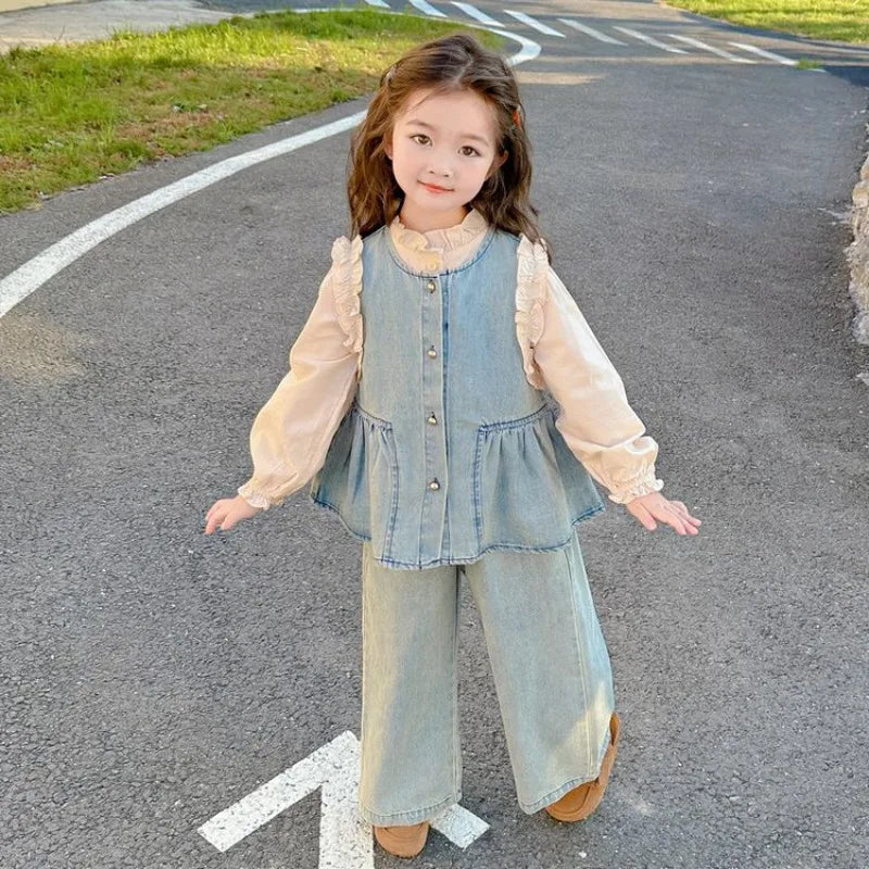Ensembles de vêtements pour enfants, gilet en Denim pour filles + chemise à manches longues + pantalon à jambes larges, costume trois pièces, vêtements Boutique pour enfants en bas âge