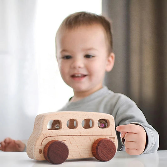Jouets Bois Bébé Montessori - Voitures Bus Cartoon Sans BPA