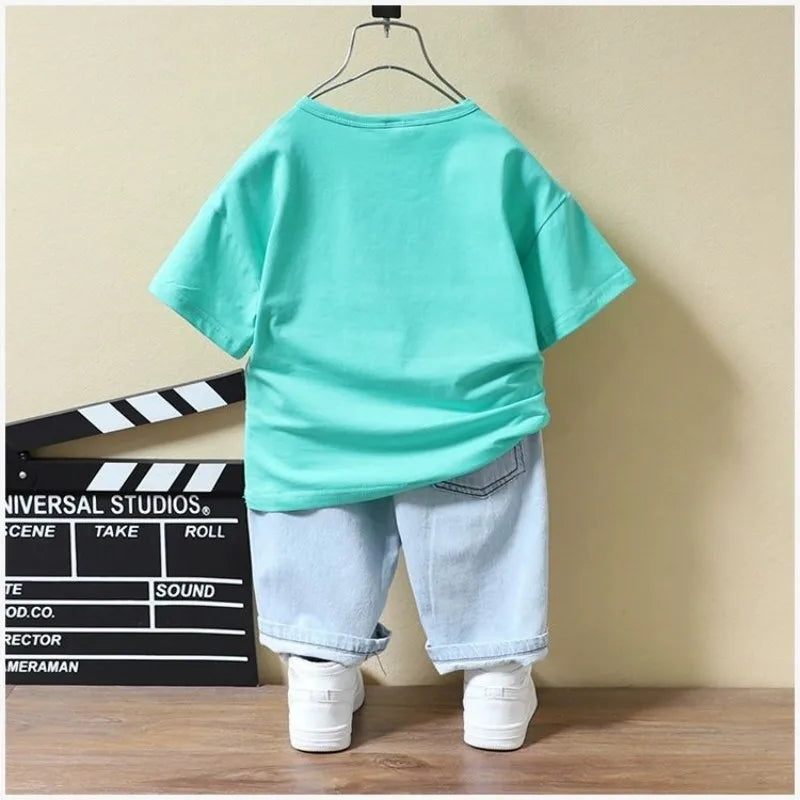 T-Shirt à Manches Courtes et Pantalon Court en Denim pour Enfant, Vêtements d'Été pour Bébé Garçon de 2 à 7 ans, 2 Pièces