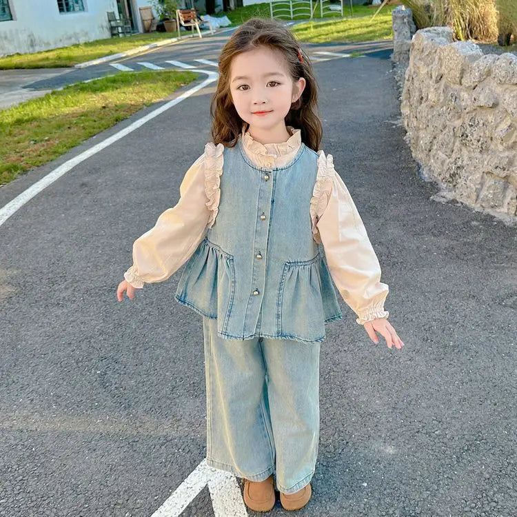 Ensembles de vêtements pour enfants, gilet en Denim pour filles + chemise à manches longues + pantalon à jambes larges, costume trois pièces, vêtements Boutique pour enfants en bas âge