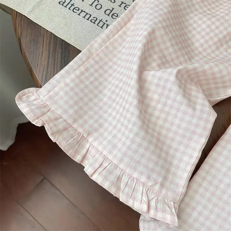 Ensembles de vêtements pour enfants, haut à manches courtes avec nœud + pantalon à jambes larges à carreaux, ensemble de 2 pièces, vêtements pour enfants en bas âge