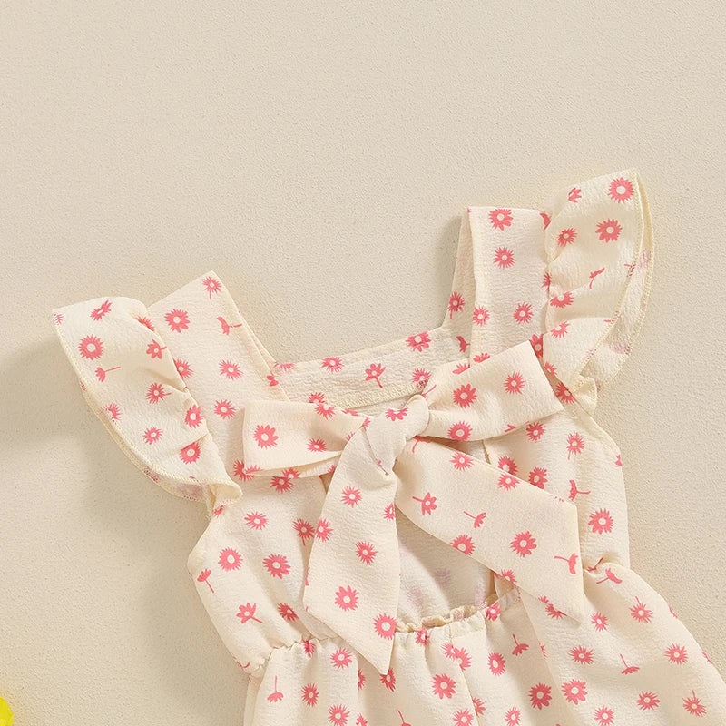 Salopette d'été en coton pour filles, vêtements pour enfants, imprimé floral, dos nu, nœud papillon, combinaisons, vêtements pour bébés