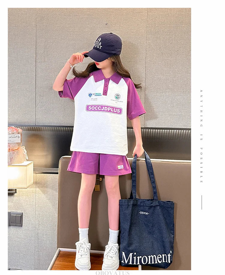 Children Summer Clothes Set For Girls Short Sleeve Polo Shirts + Shorts 2PCS Casual Outfit for Kids Teenager Cotton Clothing Set
