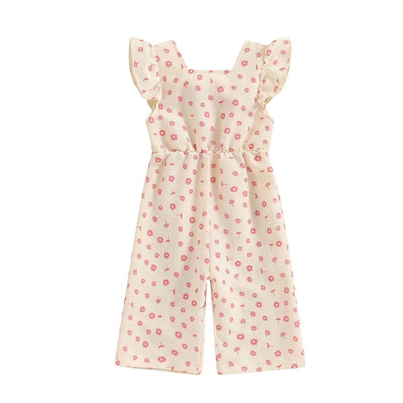 Salopette d'été en coton pour filles, vêtements pour enfants, imprimé floral, dos nu, nœud papillon, combinaisons, vêtements pour bébés