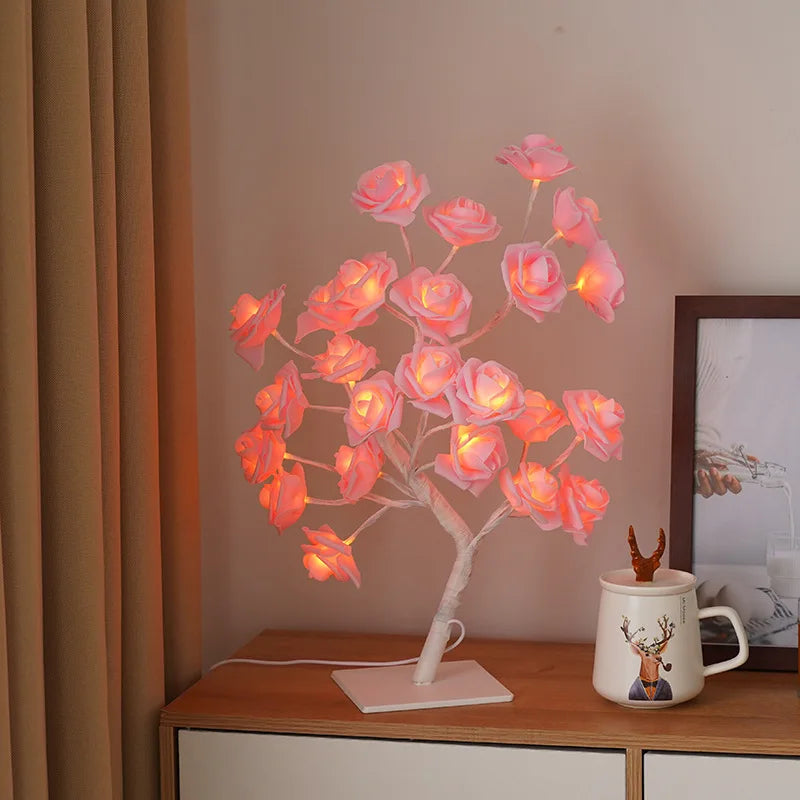 24LED lampe de Table Rose fleur arbre USB veilleuses décoration de noël cadeau pour chambre d'enfants Rose fleur éclairage décoration de la maison