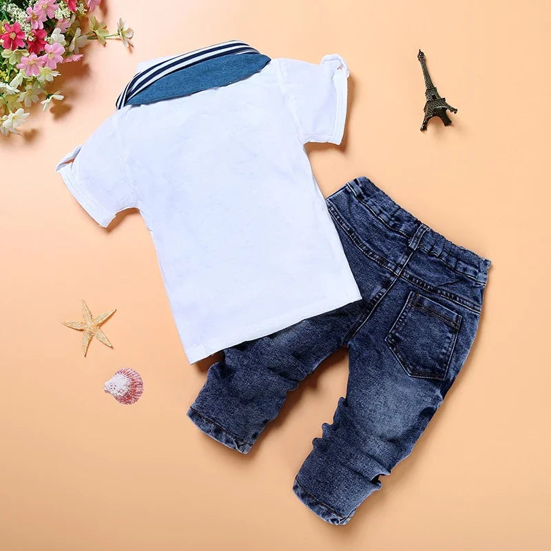 Vêtements d'été pour enfants de 2 à 7 ans, ensembles pour garçons, hauts en coton à manches courtes et col rond + jean + écharpe, Costume pour bébé