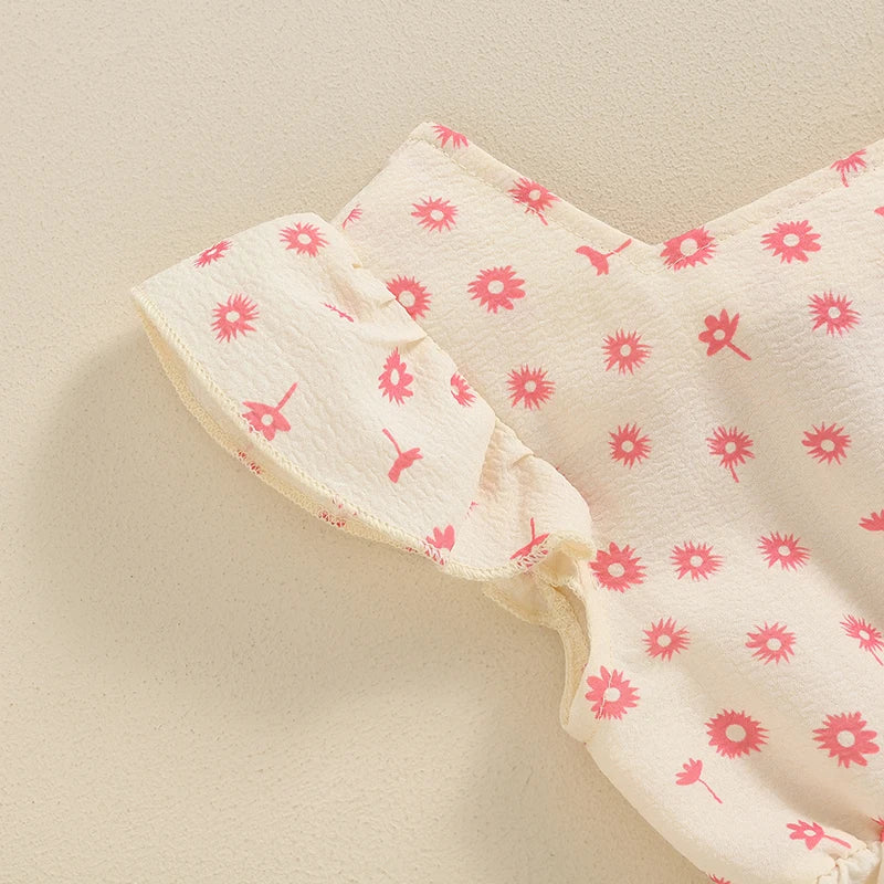 Salopette d'été en coton pour filles, vêtements pour enfants, imprimé floral, dos nu, nœud papillon, combinaisons, vêtements pour bébés