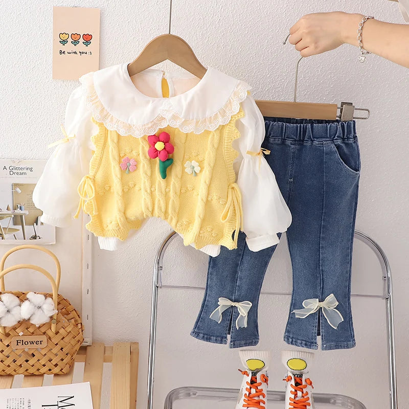 Ensembles de vêtements pour enfants pour filles, t-shirt, gilet à fleurs, jean avec nœud, vêtements de printemps et d'automne pour bébés, tenues pour nourrissons, survêtement pour enfants