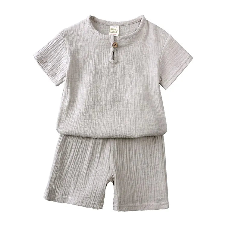 Vêtements d'été en coton et lin pour enfants de 2 à 7 ans, ensemble de couleur unie, haut à manches courtes, Short