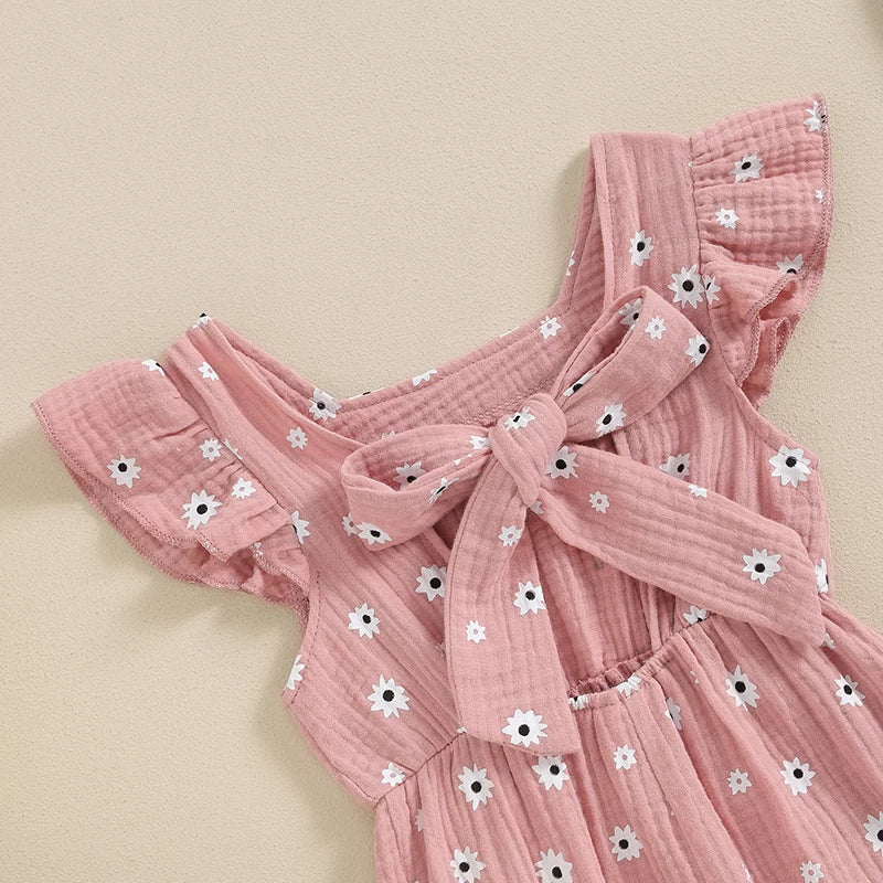 Salopette d'été en coton pour filles, vêtements pour enfants, imprimé floral, dos nu, nœud papillon, combinaisons, vêtements pour bébés