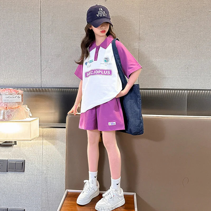 Children Summer Clothes Set For Girls Short Sleeve Polo Shirts + Shorts 2PCS Casual Outfit for Kids Teenager Cotton Clothing Set