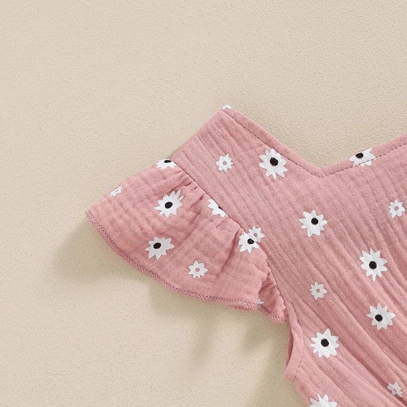 Salopette d'été en coton pour filles, vêtements pour enfants, imprimé floral, dos nu, nœud papillon, combinaisons, vêtements pour bébés