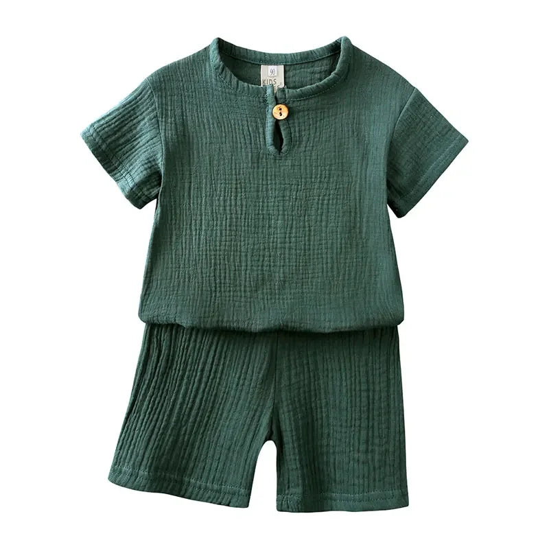 Vêtements d'été en coton et lin pour enfants de 2 à 7 ans, ensemble de couleur unie, haut à manches courtes, Short