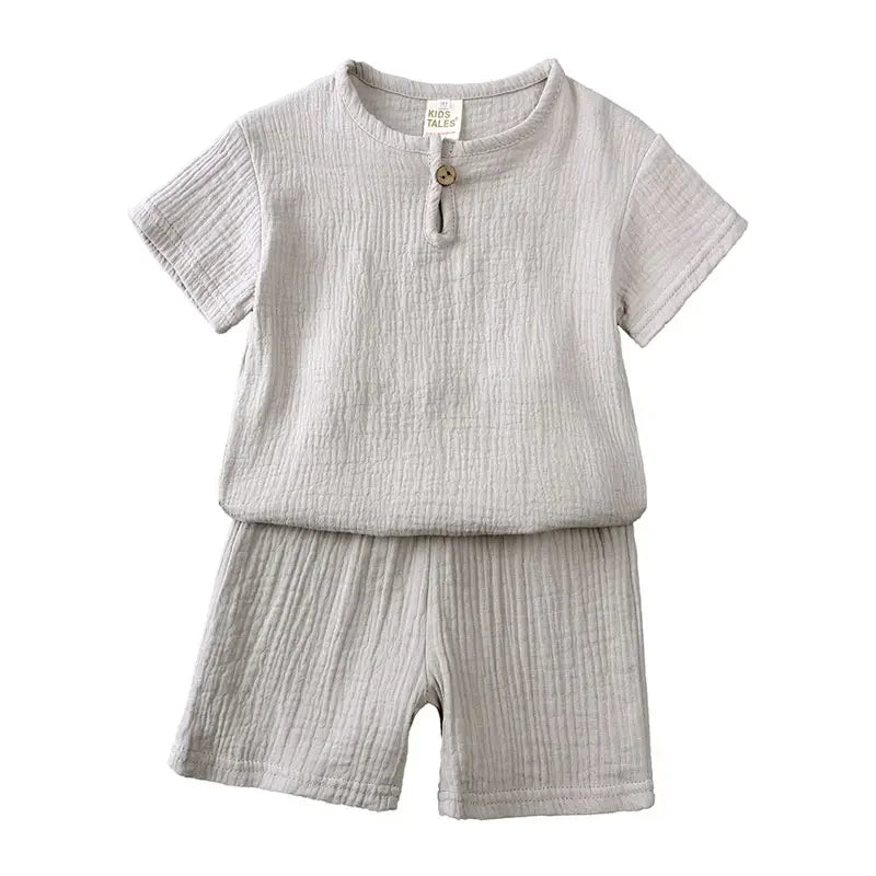Vêtements d'été en coton et lin pour enfants de 2 à 7 ans, ensemble de couleur unie, haut à manches courtes, Short