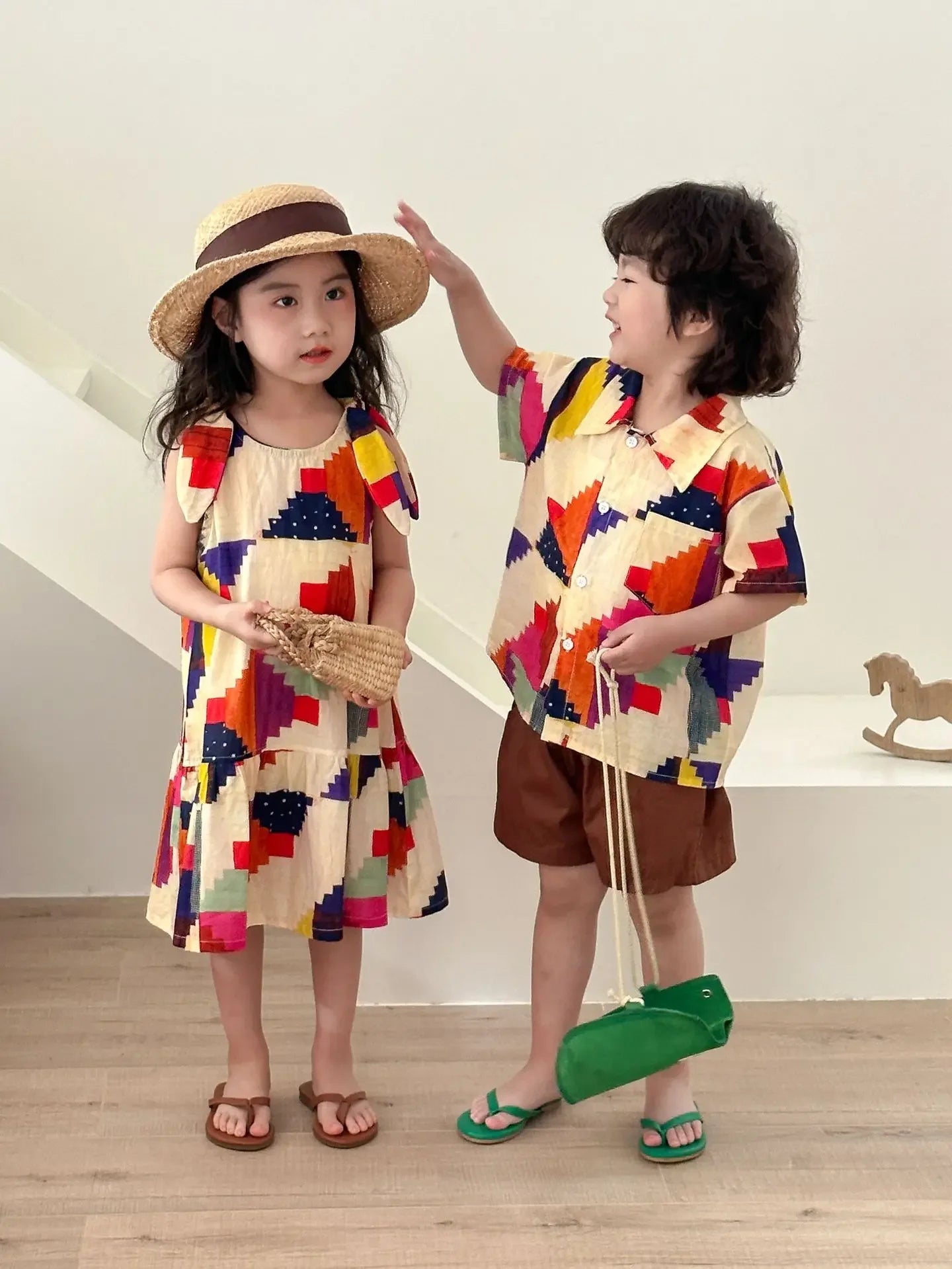 Vêtements d'été pour enfants, costume chemise pour garçon ou robe pour bébé fille, vêtements de vacances, vêtements pour frère et sœur, nouvelle collection 2025