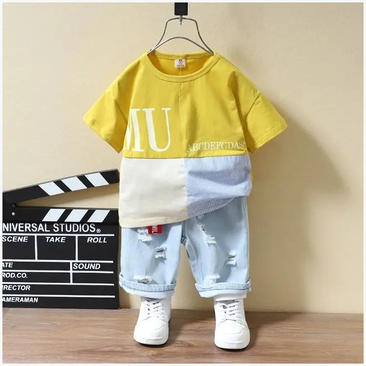 T-Shirt à Manches Courtes et Pantalon Court en Denim pour Enfant, Vêtements d'Été pour Bébé Garçon de 2 à 7 ans, 2 Pièces