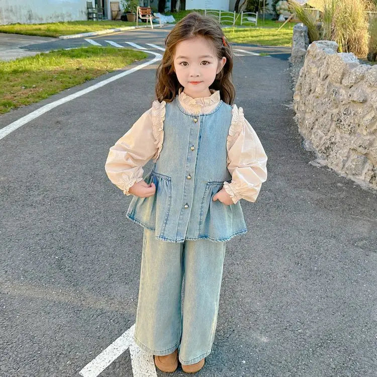 Ensembles de vêtements pour enfants, gilet en Denim pour filles + chemise à manches longues + pantalon à jambes larges, costume trois pièces, vêtements Boutique pour enfants en bas âge