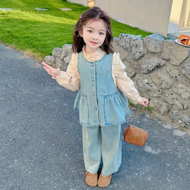 Ensembles de vêtements pour enfants, gilet en Denim pour filles + chemise à manches longues + pantalon à jambes larges, costume trois pièces, vêtements Boutique pour enfants en bas âge