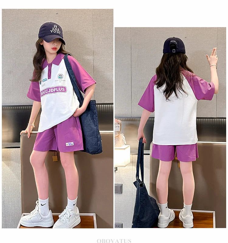 Children Summer Clothes Set For Girls Short Sleeve Polo Shirts + Shorts 2PCS Casual Outfit for Kids Teenager Cotton Clothing Set