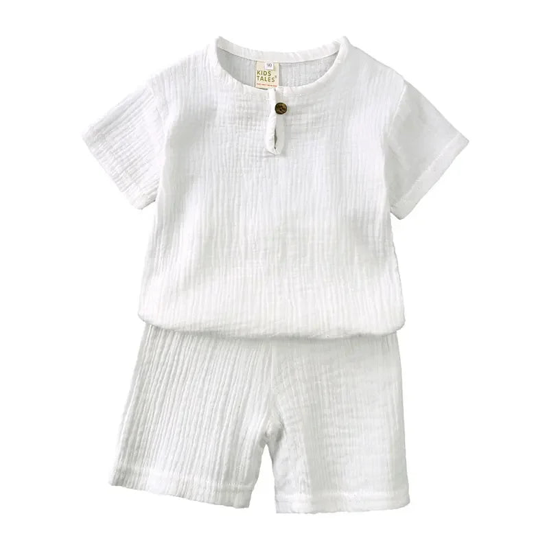 Vêtements d'été en coton et lin pour enfants de 2 à 7 ans, ensemble de couleur unie, haut à manches courtes, Short