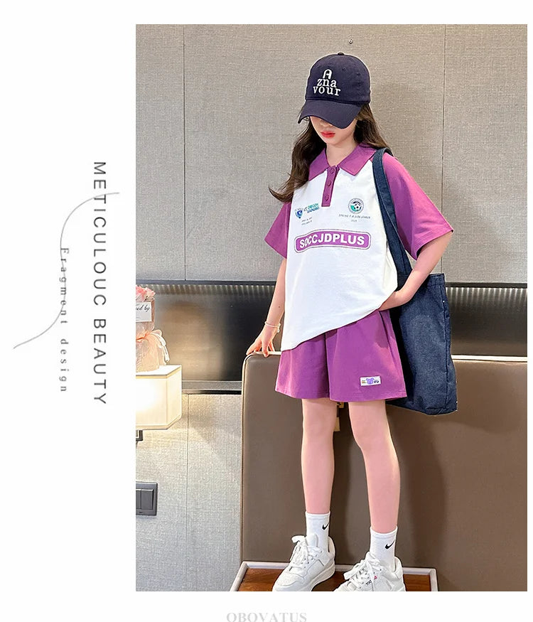 Children Summer Clothes Set For Girls Short Sleeve Polo Shirts + Shorts 2PCS Casual Outfit for Kids Teenager Cotton Clothing Set