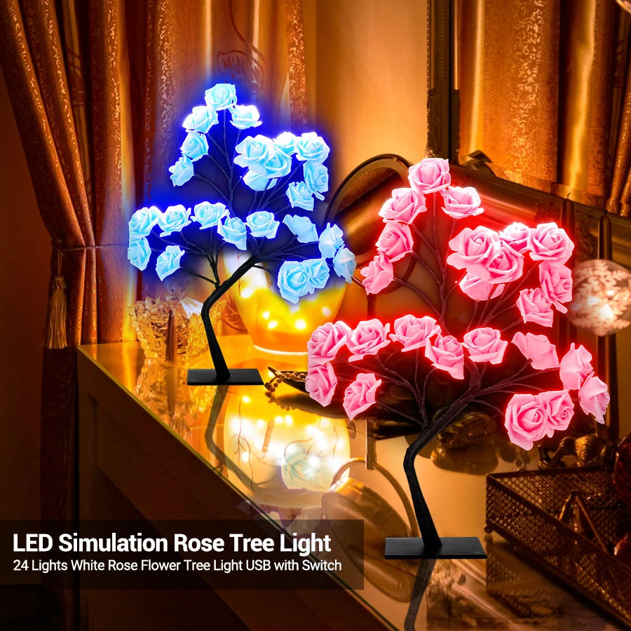 LED Rose arbre lampe de bureau alimenté par USB fleur artificielle veilleuse chambre salon fête mariage saint valentin décoration