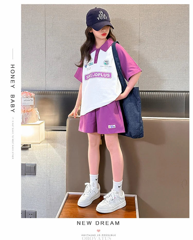 Children Summer Clothes Set For Girls Short Sleeve Polo Shirts + Shorts 2PCS Casual Outfit for Kids Teenager Cotton Clothing Set