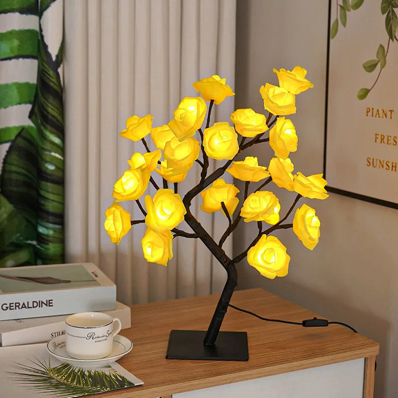 24LED lampe de Table Rose fleur arbre USB veilleuses décoration de noël cadeau pour chambre d'enfants Rose fleur éclairage décoration de la maison
