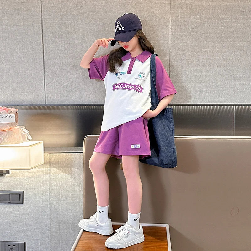 Children Summer Clothes Set For Girls Short Sleeve Polo Shirts + Shorts 2PCS Casual Outfit for Kids Teenager Cotton Clothing Set