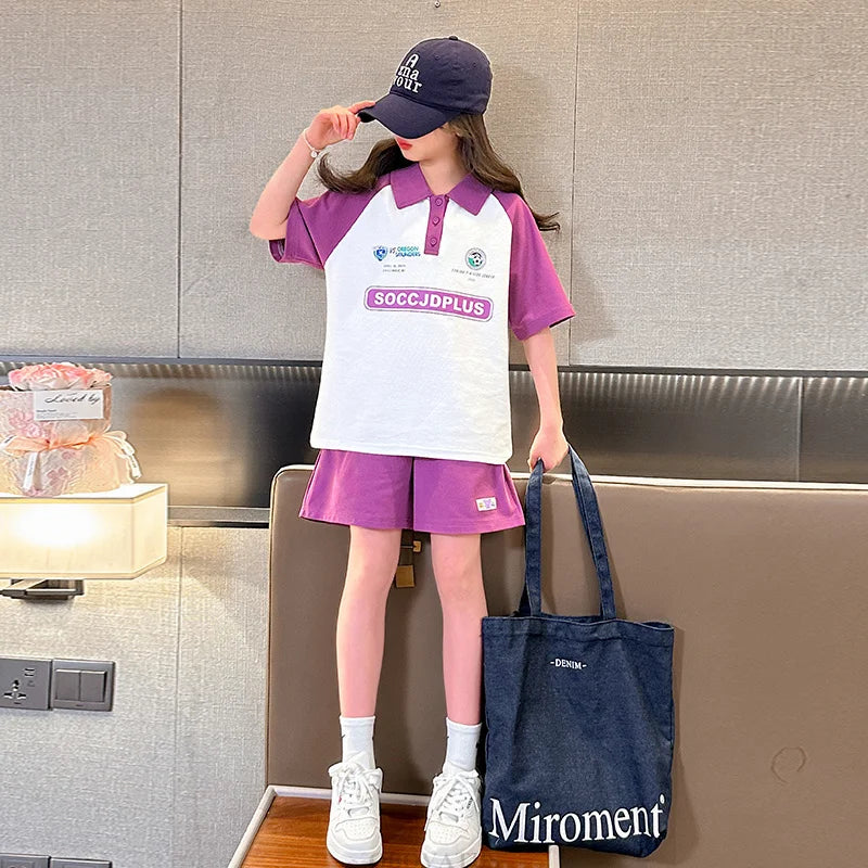Children Summer Clothes Set For Girls Short Sleeve Polo Shirts + Shorts 2PCS Casual Outfit for Kids Teenager Cotton Clothing Set
