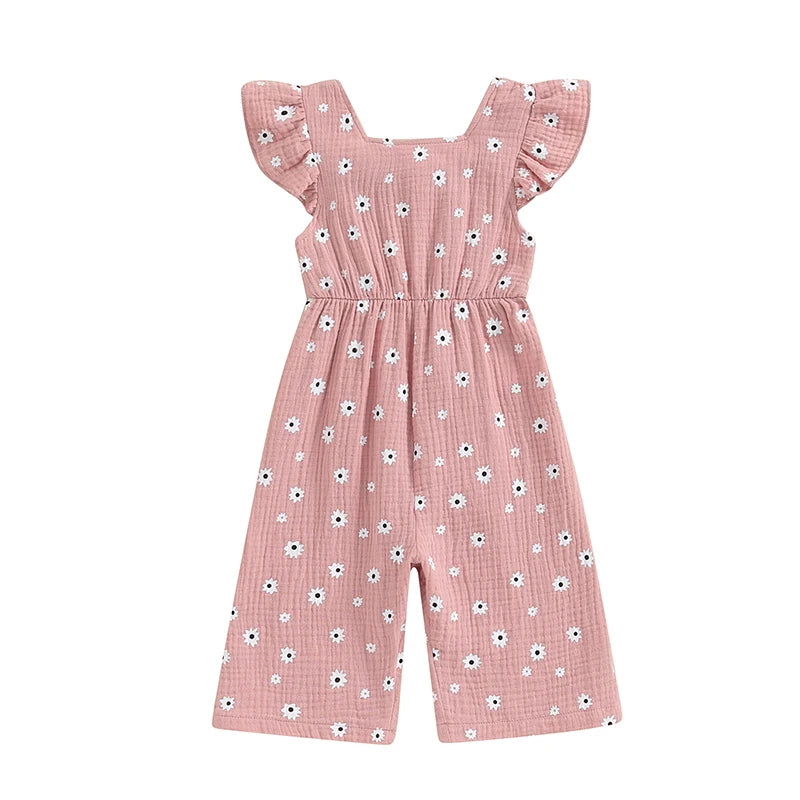Salopette d'été en coton pour filles, vêtements pour enfants, imprimé floral, dos nu, nœud papillon, combinaisons, vêtements pour bébés