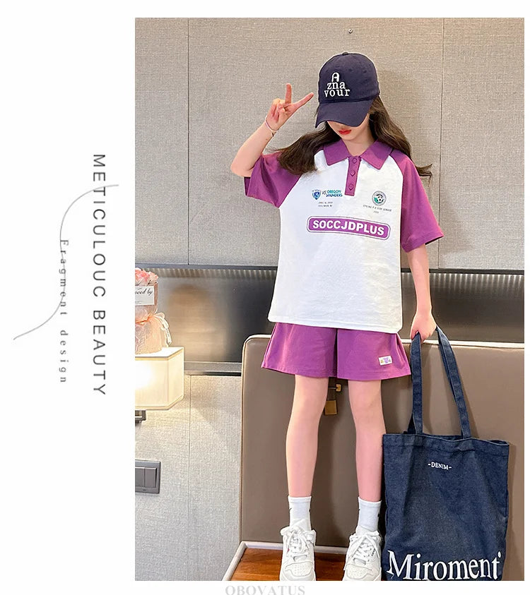 Children Summer Clothes Set For Girls Short Sleeve Polo Shirts + Shorts 2PCS Casual Outfit for Kids Teenager Cotton Clothing Set
