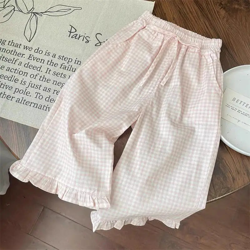 Ensembles de vêtements pour enfants, haut à manches courtes avec nœud + pantalon à jambes larges à carreaux, ensemble de 2 pièces, vêtements pour enfants en bas âge