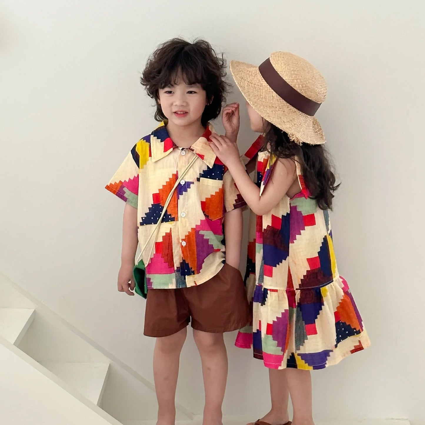 Vêtements d'été pour enfants, costume chemise pour garçon ou robe pour bébé fille, vêtements de vacances, vêtements pour frère et sœur, nouvelle collection 2025