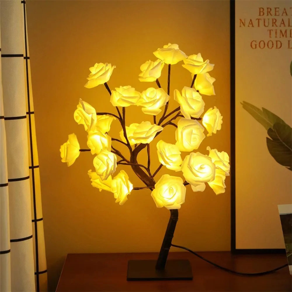 24LED lampe de Table Rose fleur arbre USB veilleuses décoration de noël cadeau pour chambre d'enfants Rose fleur éclairage décoration de la maison