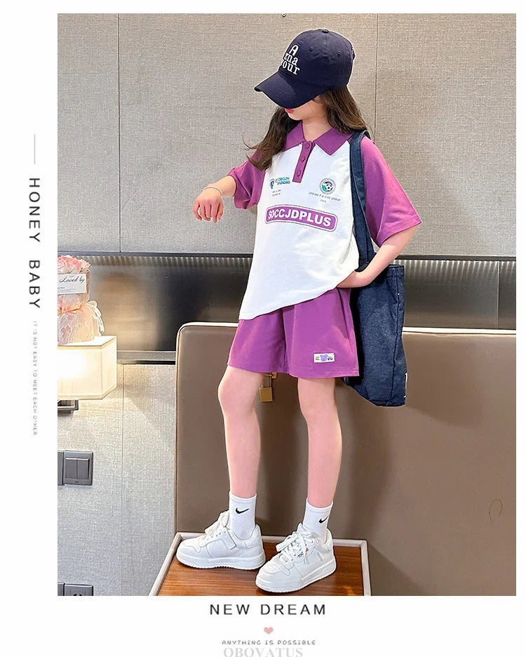 Children Summer Clothes Set For Girls Short Sleeve Polo Shirts + Shorts 2PCS Casual Outfit for Kids Teenager Cotton Clothing Set