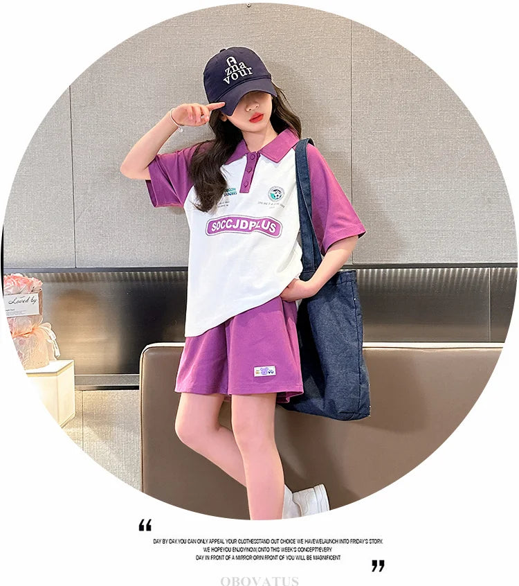 Children Summer Clothes Set For Girls Short Sleeve Polo Shirts + Shorts 2PCS Casual Outfit for Kids Teenager Cotton Clothing Set