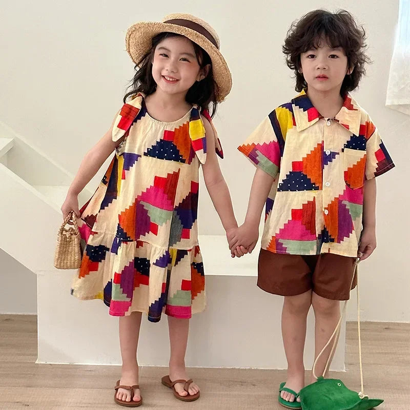 Vêtements d'été pour enfants, costume chemise pour garçon ou robe pour bébé fille, vêtements de vacances, vêtements pour frère et sœur, nouvelle collection 2025